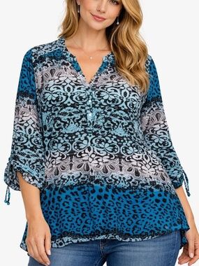 Toz & Ali Blouse Womens Size XL Blue Animal Print Art to Wear Hippie Lightweight